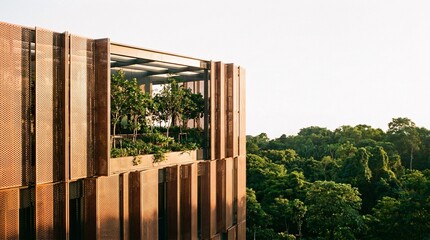 Fototapeta premium Modern wooden facade with lush rooftop garden against a backdrop of dense green forest under a clear sky, highlighting sustainable architecture and urban greenery.