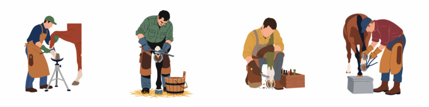 Collection of vector illustrations showing professional farriers shoeing and caring for horse hooves with various tools and equipment on a white background.