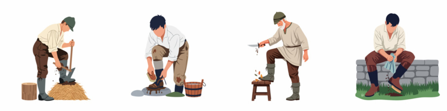 Set of illustrations depicting men in rustic historical attire cleaning mud and dirt from their boots using brushes, scrapers, and water on white background.