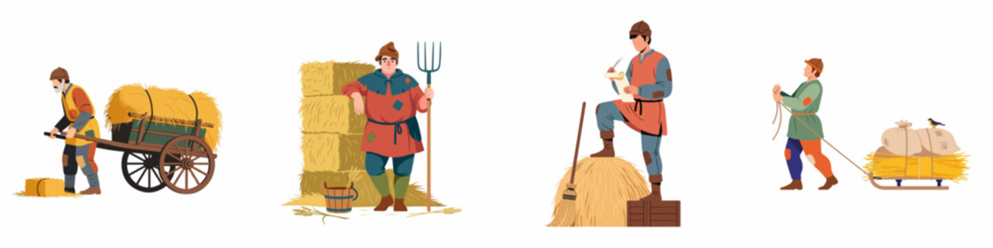 Set of medieval peasant characters performing various farming tasks such as pulling carts, writing on scrolls, and holding pitchforks near haystacks.