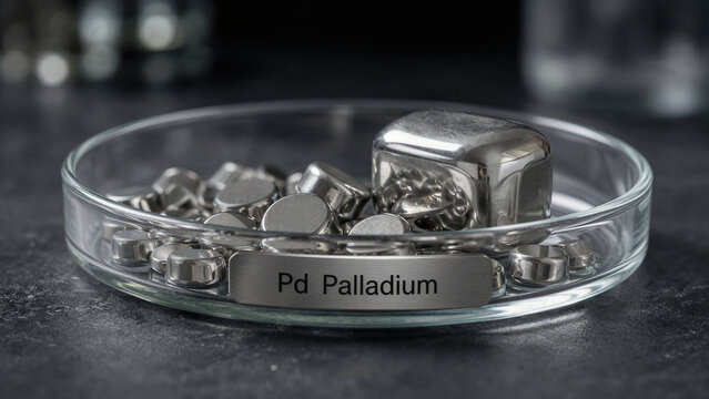 Display of palladium metal in a glass dish showing various shapes and sizes of this precious material typically used in industrial applications