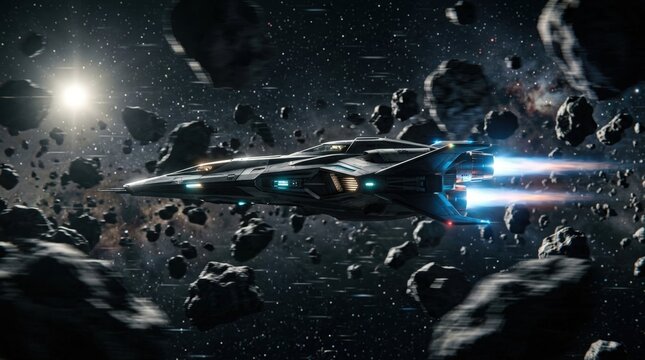 Spaceship flying through a dense asteroid field in deep outer space background