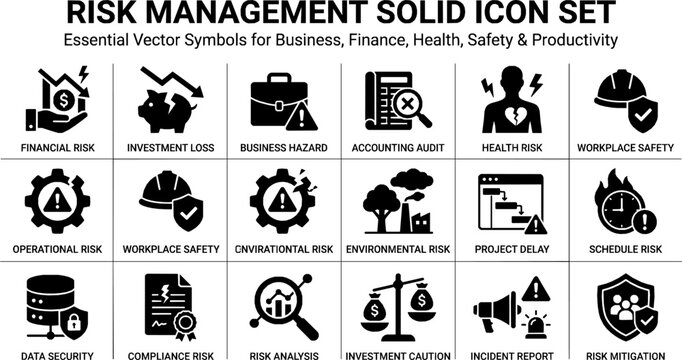 Risk solid icon set. essential vector symbols for business, finance, health, accounting, analysis, investment, schedule, and productivity safety checks. professional ui elements.