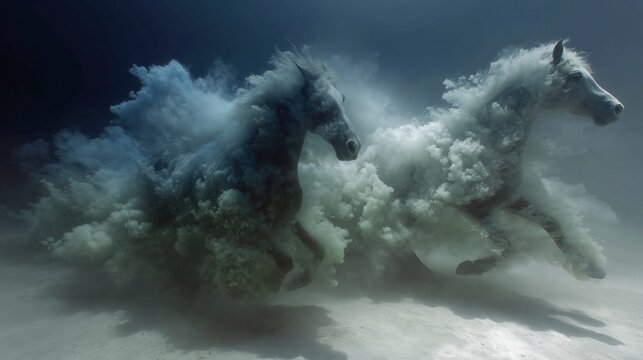 Two powerful white horses galloping underwater through swirling bubbles and sand with dramatic blue light and dark background Concept of freedom and strength