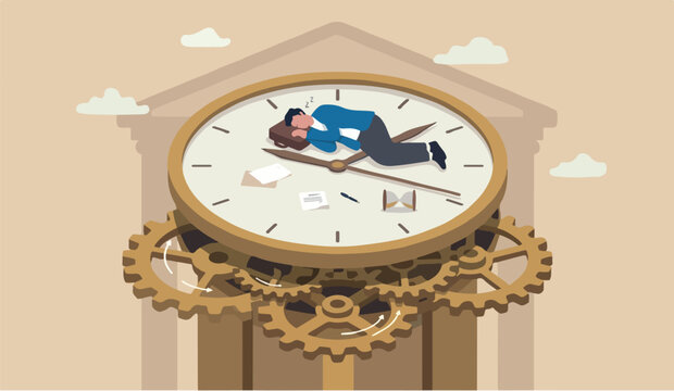 Wasted procrastination can we the for to slow life, lazy to work,to low productivity orcentral bank efficiency, self discipline problem, tired or no motivation concept, lazy businessman sleeping on