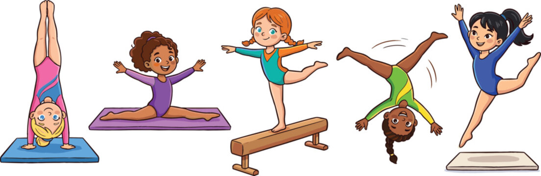 Cute Cartoon Girls Gymnastics Vector Character Set Featuring Handstand Splits Balance Beam Cartwheel and Trampoline Jumps for Youth Sports Designs