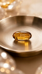 Naklejka premium Close view of a brown capsule on a metallic plate with soft lighting and blurred shapes in the background