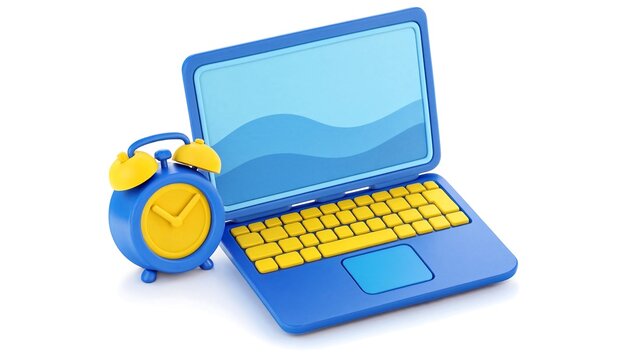 Blue laptop computer with yellow keyboard and alarm clock on left side