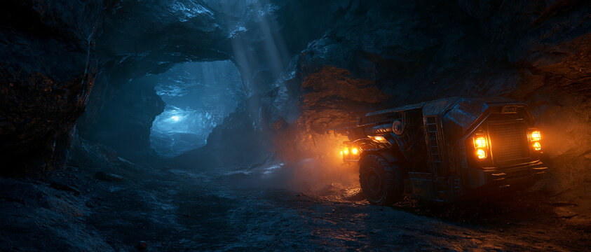  Cinematic view of a futuristic heavy mining vehicle exploring a deep dark underground cave. Contrasting glowing orange lights and cold blue mist in a rocky tunnel. Sci-fi exploration concept