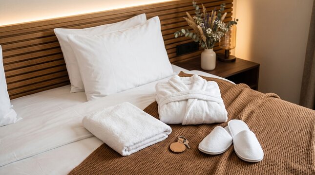 Lit d'h&ocirc;tel confortable et accueillant avec un peignoir blanc, des chaussons, une serviette et une cl&eacute; pos&eacute;s sur un plaid marron. Concept de voyage, de spa et d'hospitalit&eacute;. IA g&eacute;n&eacute;rative.