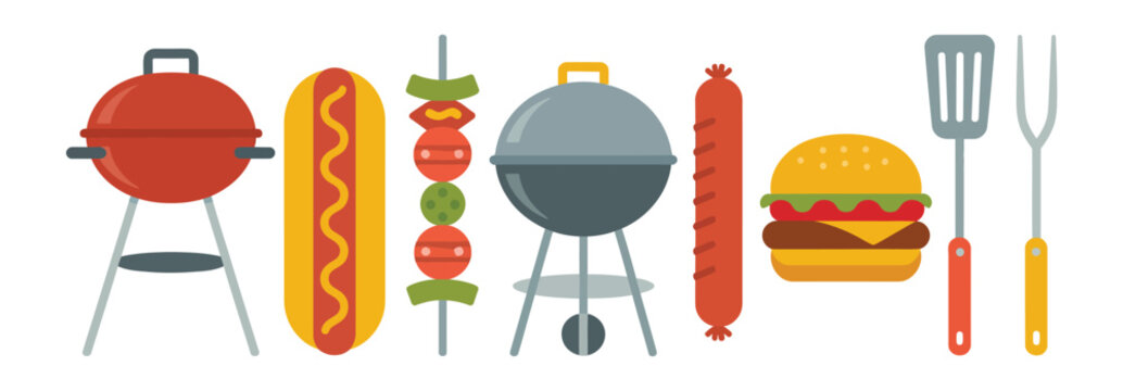 BBQ Grill Vector, barbecue cooking illustration with hotdog, burger, and sausage food items, outdoor grill concept for summer and food design.