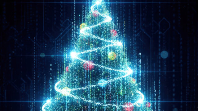 Digital christmas tree formed by glowing binary code streams and data particles on a dark cybernetic background for modern festive technology concepts