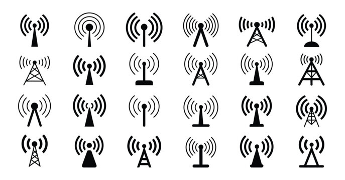 Radio Antenna Icons, black and white transmitter symbols featuring various broadcast designs, vector illustration for wireless communication and signal technology.