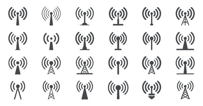 Radio Antenna Icons, black and white transmitter symbols featuring various broadcast designs, vector illustration for wireless communication and signal technology.