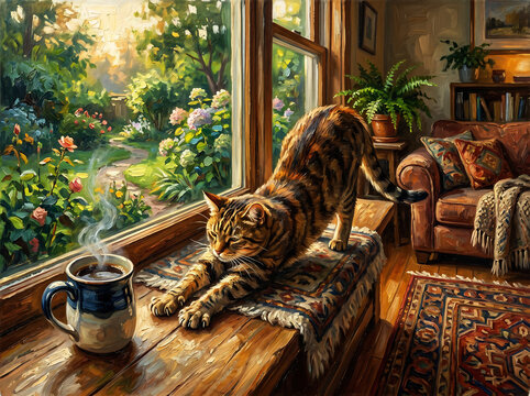 tabby cat stretching on wooden window sill beside steaming cup of coffee on rug with garden view outside flowers and greenery.