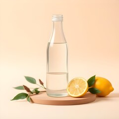 Fototapeta premium Glass water bottle on a wooden pedestal with fresh lemon and leaves, beige background