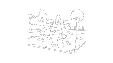 Obraz premium Children playing soccer outdoors, cartoon line art illustration