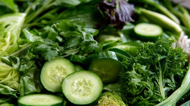 A close up shot of a cool and fresh salad arrangement featuring natural organic shapes and vibrant greenery