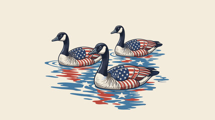 Patriotic Americana Canada geese swimming with US flag stars and stripes pattern, retro graphic illustration for t-shirt design and hunting branding. © Rizky Fadel
