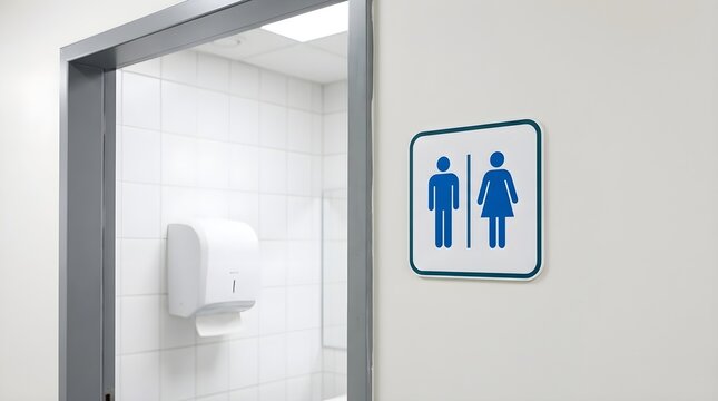 Blue and white restroom sign mounted on a clean wall outside a tiled public facility entrance in bright natural light