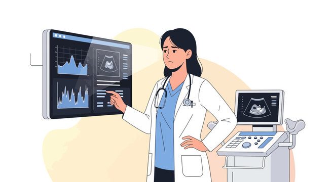 Doctor examining ultrasound scan on screen, medical diagnostics and healthcare concept illustration