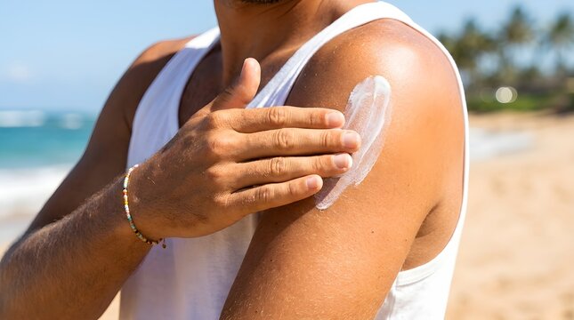 Athletic man applying white protective sunscreen lotion onto his tanned shoulder while standing on a bright sunny tropical beach