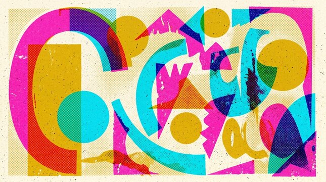 Vibrant 2D risograph print style abstract geometric