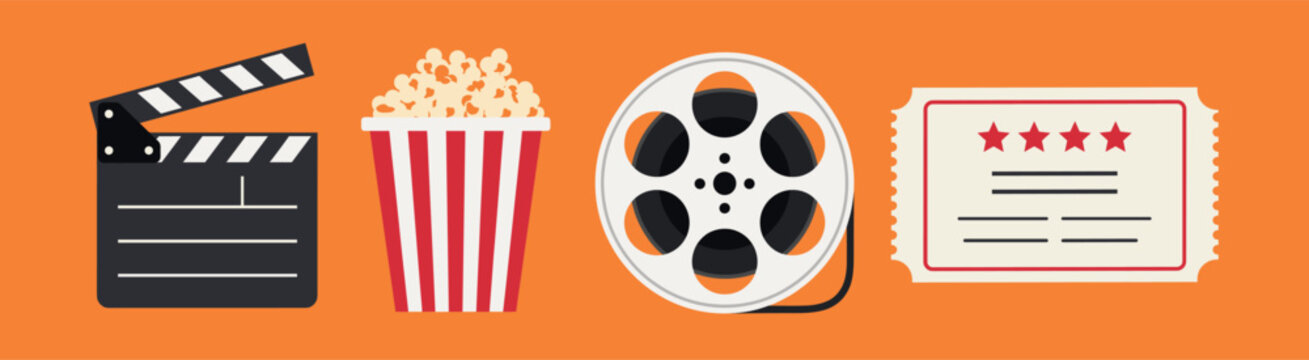 Cinema set with clapperboard, popcorn, reel, and ticket on orange background