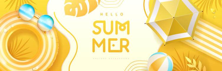 Hello summer poster or banner with yellow inflatable swim ring, round sunglasses and tropic leaves on yellow background. Vector Illustration © annbozhko