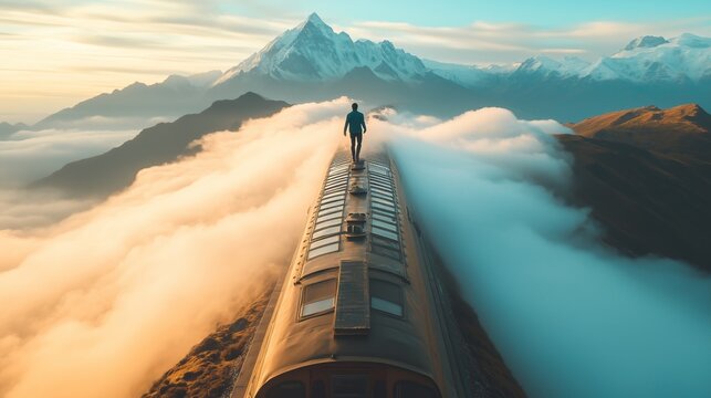 The road above the clouds.A man walks on the roof of a train among mountains and clouds against a sunrise background.