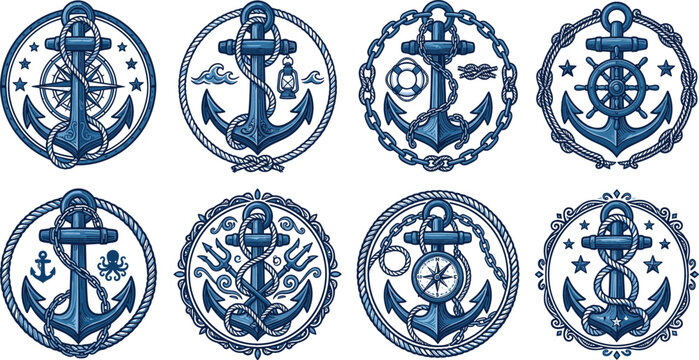 Vintage Nautical Anchor Badge Vector Collection Featuring Compass Rose Ships Wheel Ropes Chains and Marine Emblems for Retro Maritime and Sailor Branding Designs