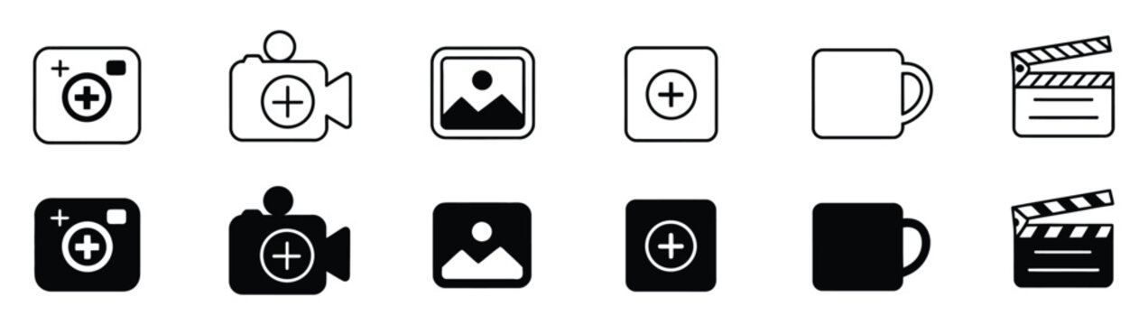 Camera Add Icon, photo upload and video insert symbol featuring camera and plus mark, clean vector design for apps, UI, and digital platforms.