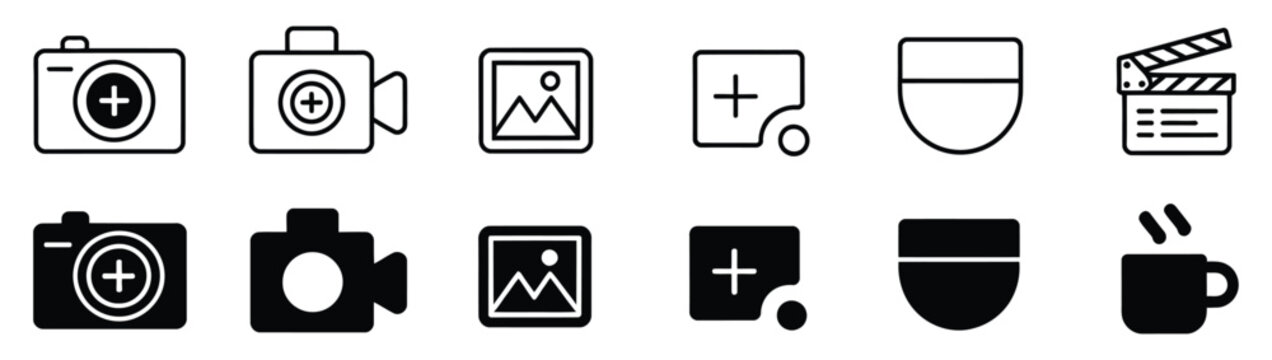 Camera Add Icon, photo upload and video insert symbol featuring camera and plus mark, clean vector design for apps, UI, and digital platforms.
