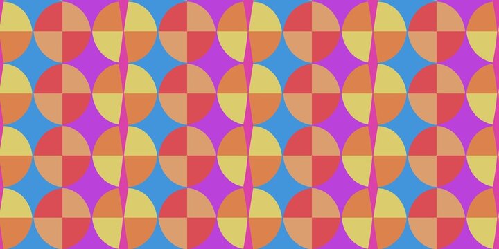 Seamless abstract geometric pattern featuring repeating half-circle motifs arranged in a structured grid with a bold retro color palette of yellow, red, orange, and purple. 