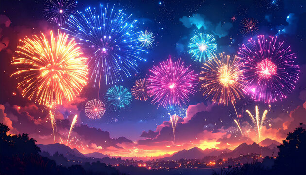 夜空を彩る日本の夏の花火大会、色鮮やかで幻想的な花火背景イメージ、生成AI