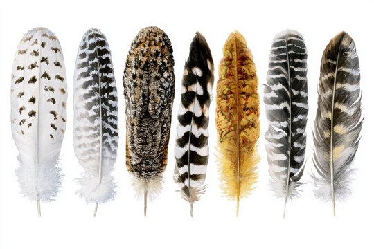 Six distinct owl feathers are displayed in a flat arrangement. Each feather represents a different species. The background is plain.