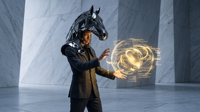 Futuristic Professional Presenting AI Technology With Horse Helmet