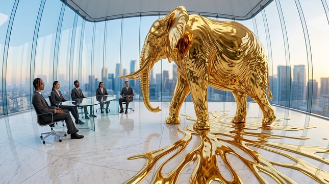 Golden Elephant Melting in Corporate Boardroom Meeting