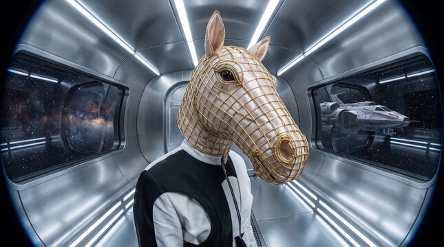 Golden Horse Head Figure in Futuristic Spaceship Interior