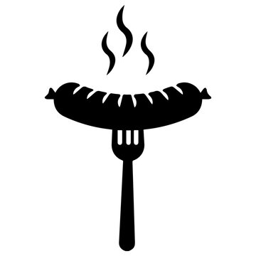 Hot sausage on a fork icon with rising steam isolated on white background barbecue delicious silhouette illustration restaurant frankfurter