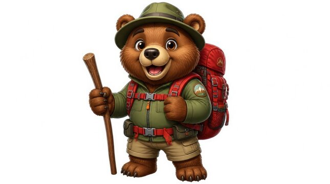Cartoon bear hiking with backpack and walking stick.