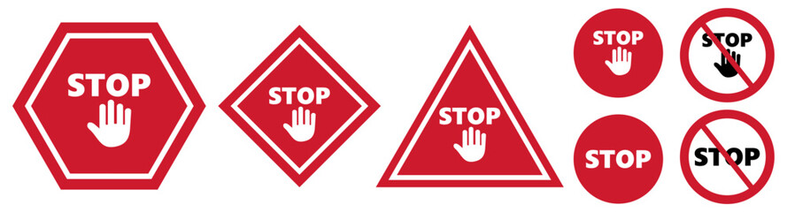 Red stop sign icon set warning prohibition danger alert and hand stop symbols vector collection. © Umer Farooq