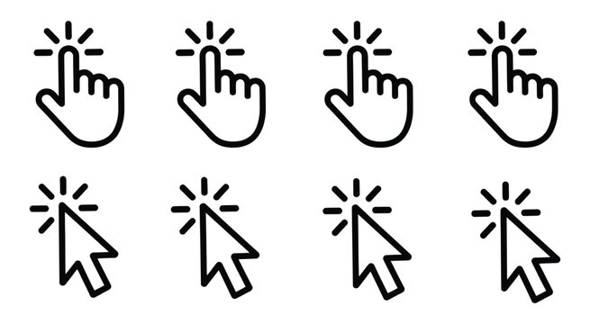 Cursor Icon Set, hand pointer and mouse cursor symbols for click actions, isolated on white background, vector illustration for UI design.