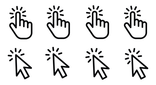 Cursor Icon Set, hand pointer and mouse cursor symbols for click actions, isolated on white background, vector illustration for UI design.
