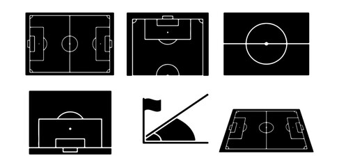 Soccer field diagrams set, 6 black and white football pitch vector icons, professional sports field layout and tactical markings for coaching © Md