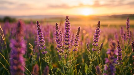 Fototapeta premium Beautiful sunset over a vast meadow filled with purple lavender flowers in full bloom.