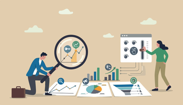 Data analysis and optimization for SEO, marketing research user and customer behavior, analyze business trend concept, business people using magnifier and optimize tools to analyze chart and graph