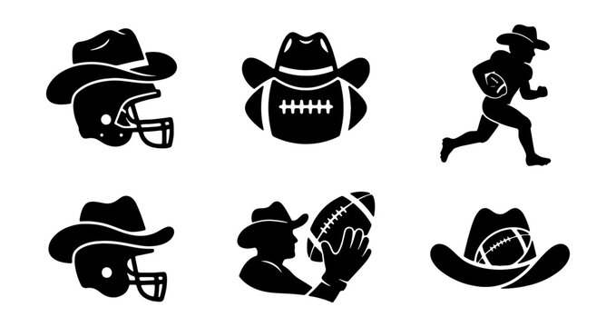 Texas football icon set, cowboy hat and american football helmet silhouettes, western sports logo collection with 6 vector elements
