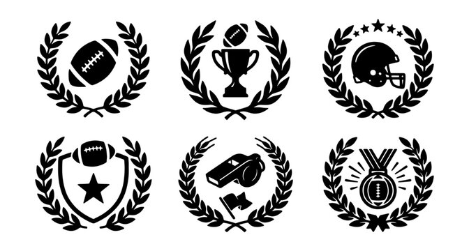 American football laurel wreath icons set, black sports championship badges with trophy and helmet, 6 vector emblems for tournament awards