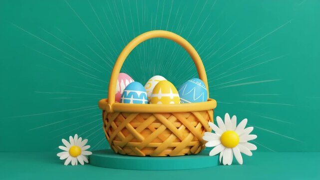 Decorative Easter Basket Filled with Colorful Painted Eggs and Daisies in Minimal 3D Spring Display